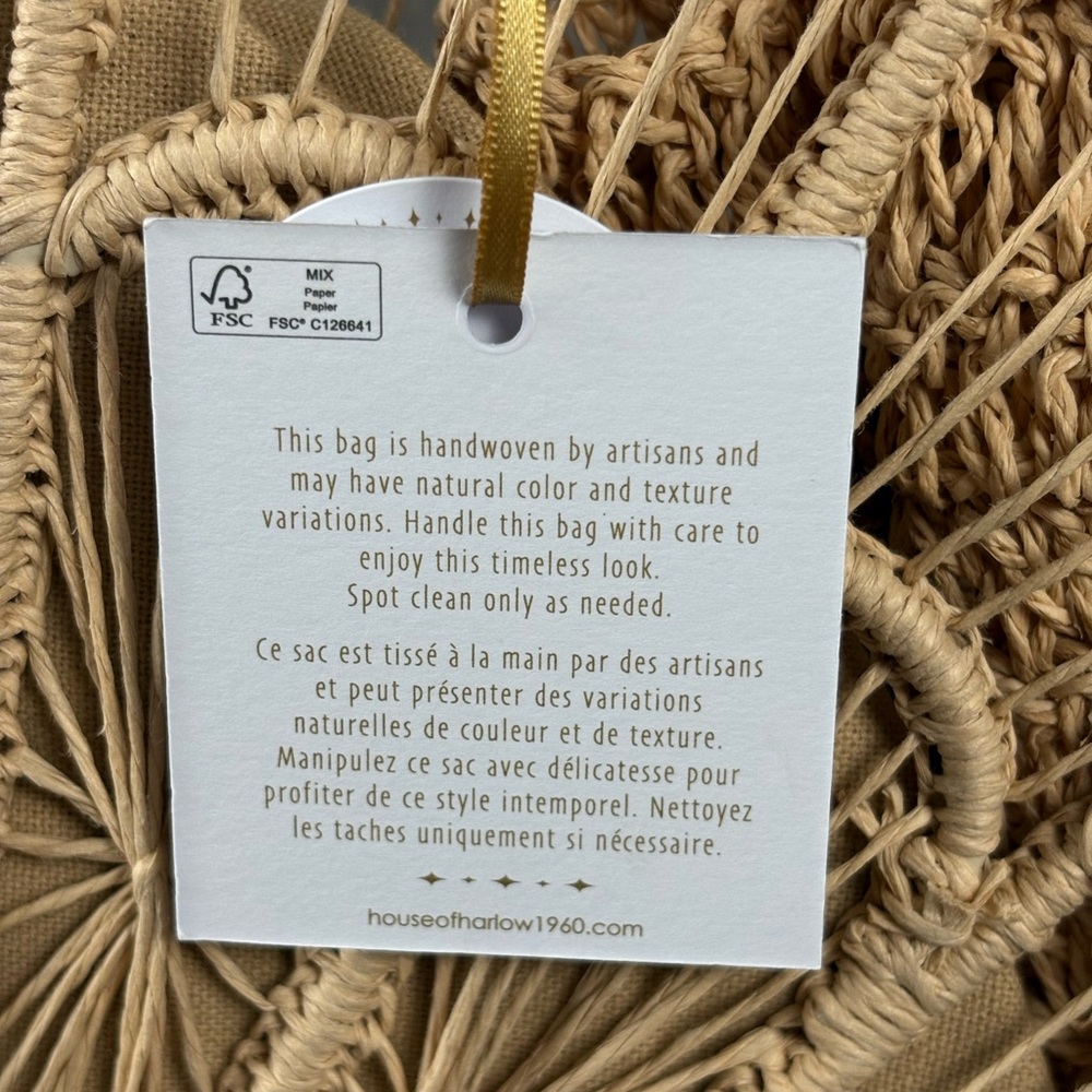 House Of Harlow 1960 Tan Hand Woven Raffia Hand Bag Purse Gold Crossbody Strap - Picture 7 of 11